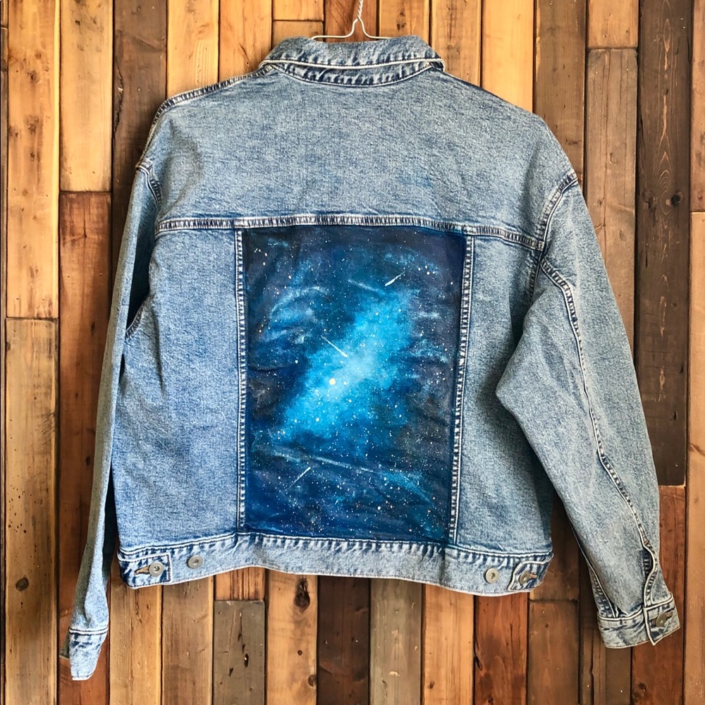 Distressed jean jacket with galaxy design